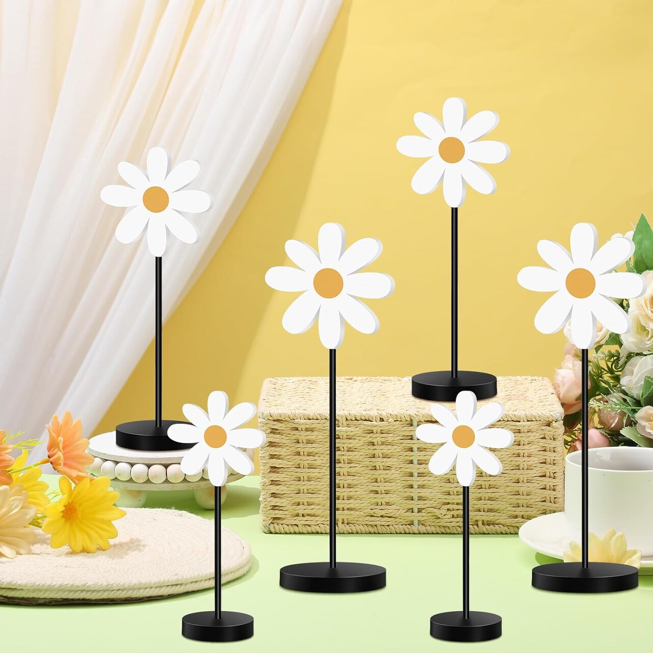 6 Pieces Summer Wooden Daisy Nursery Shelf Decor – Boho Daisy Standing Tabletop Decor, Rustic Tiered Tray Signs, Daisy Centerpiece for Party, Table Decoration, Farmhouse Home Desk & Nursery Decor